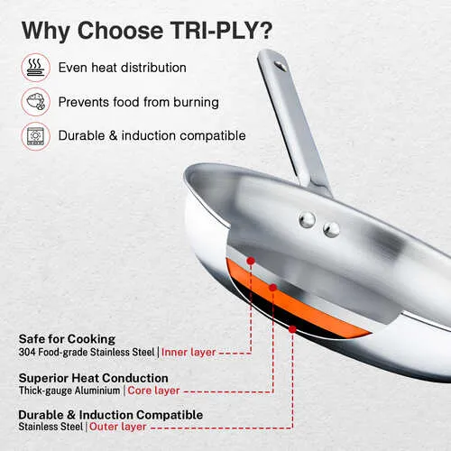 Prestige 26cm/2.3L Tri-Ply Stainless Steel Splendid Fry Pan| Gas and Induction Compatible| Even Heat Distribution| Thick Gauge Tri-Ply Body - Detail View